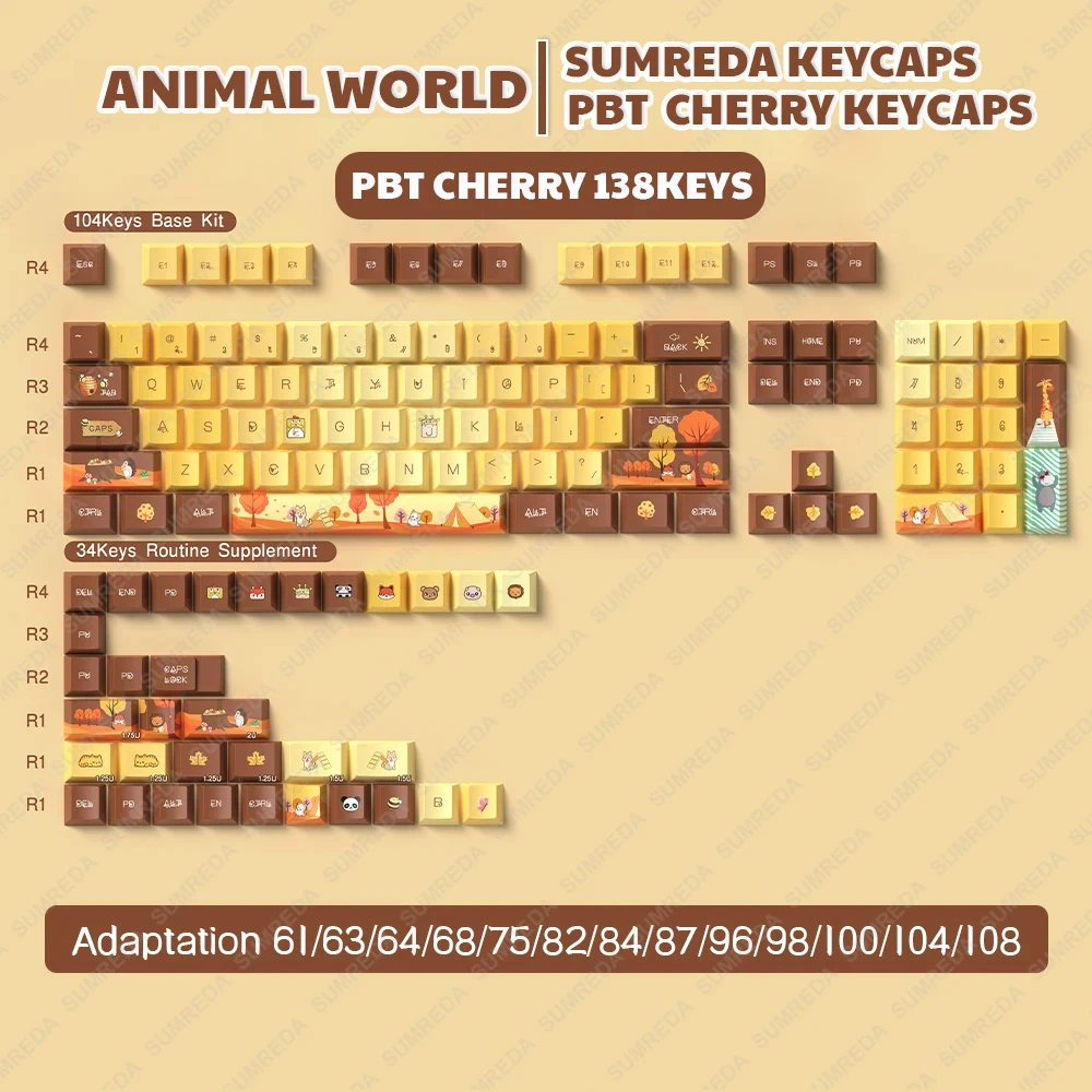 Animal World Theme For WOB RAINY75 Keycaps PBT MDA/Cherry Profile DYECartoon Keycaps For  LEOBOG Hi75 Hi8 Alice Sugar65 Keyboard