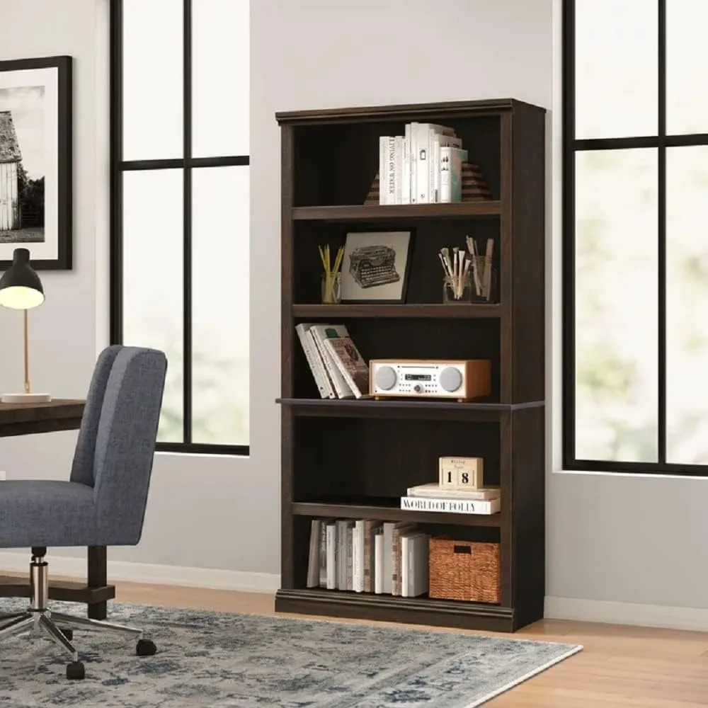 Stylish Five-Shelf Adjustable Brown Wood Bookshelf - 69.75 High x 35.25 Wide, Spacious and Decorative for All Seasons