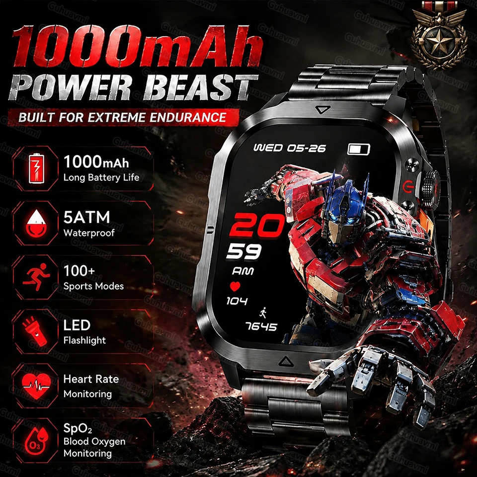 Military Grade NEW Original 100% Smart Watches man 5ATM Waterproof  GPS Flashlight Heart Rate Bluetooth Call Sport Smart Watch