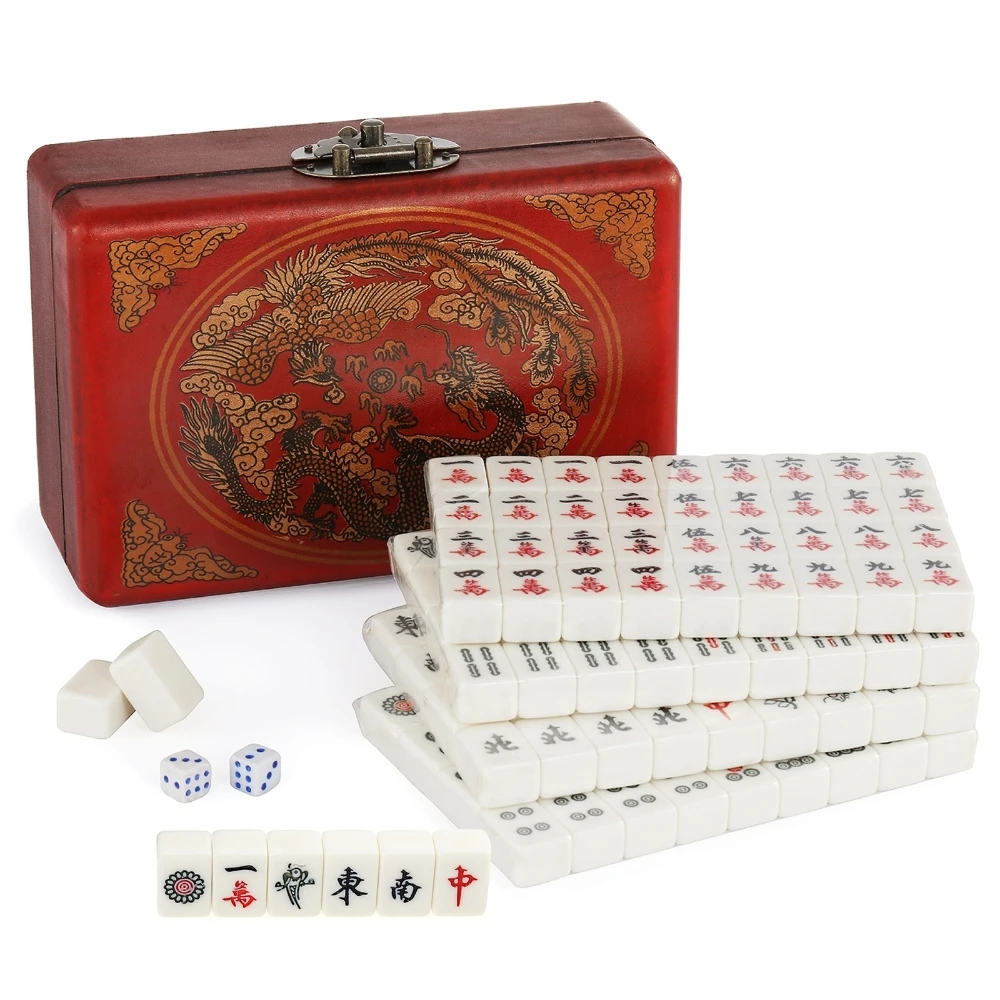 

144PCS Chinese Majong Set with 0.8” Mahjong Tiles, 2PCS Dice & Leather Box, Complete Majong Game Sets for Party Family Game