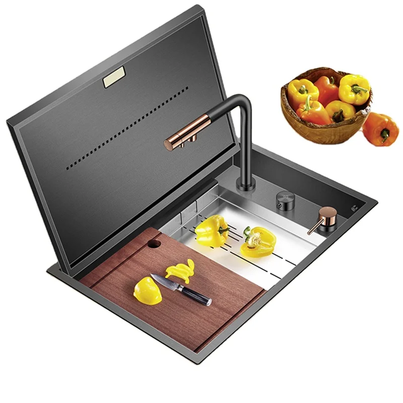 

Nanometer Black Flip Cover Hidden Kitchen Sink SUS 304 Stainless Steel 4mm Thickness Handmade Kitchen Sinks Lifting Faucet
