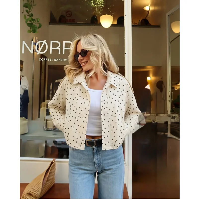 2026 Autumn Women Polka Dot Pilot Jacket Zipper Loose Fit Vintage Streetwear Chic Leisure Female Outerwear Coat Female Jacket