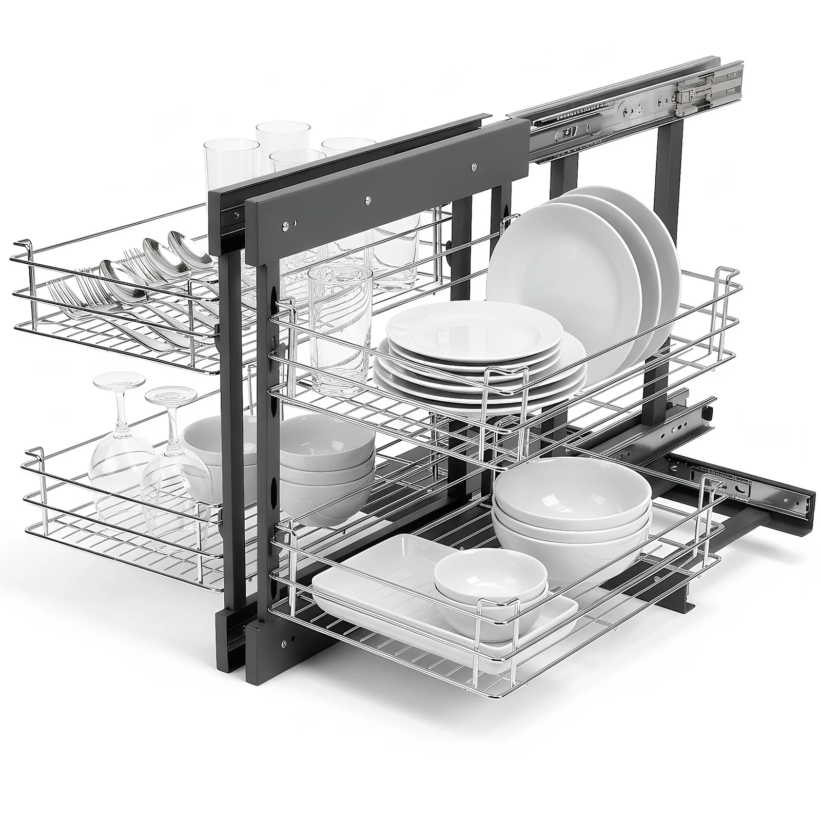 

Двухуровневая выдвижная корзина с двусторонним открыванием (влево и вправо) для слепых углов кухни или ванной комнаты