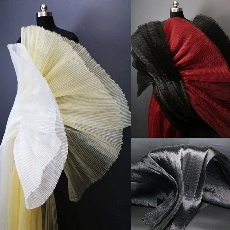 Bright Pleated Organza Fabric Sew Wedding Dress And Fashion Pleated Mesh Fabrics,DIY Shape Stiff Designer Fabrics by the meter