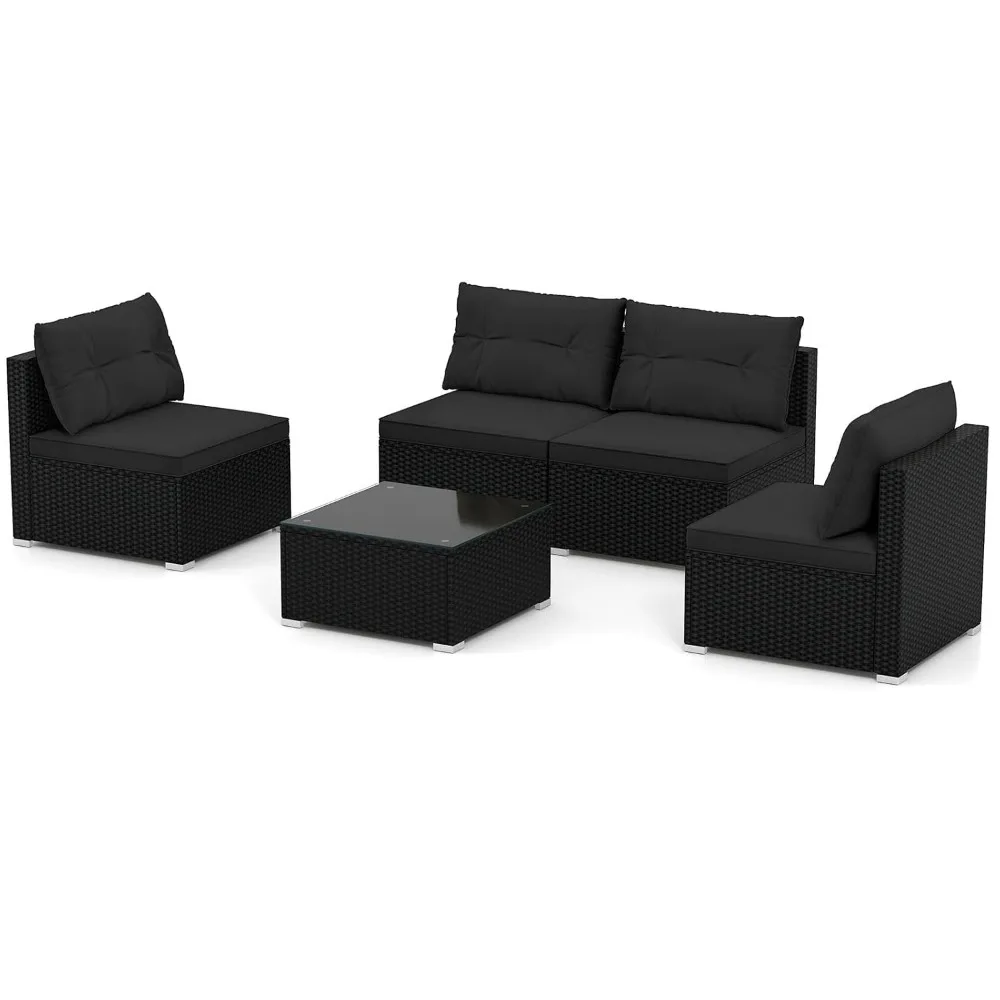 5-Piece Outdoor Rattan Sectional Sofa w/Glass-Top Table, Soft Cushions for Garden Backyard Porch, Wicker Bistro Furniture,Custom