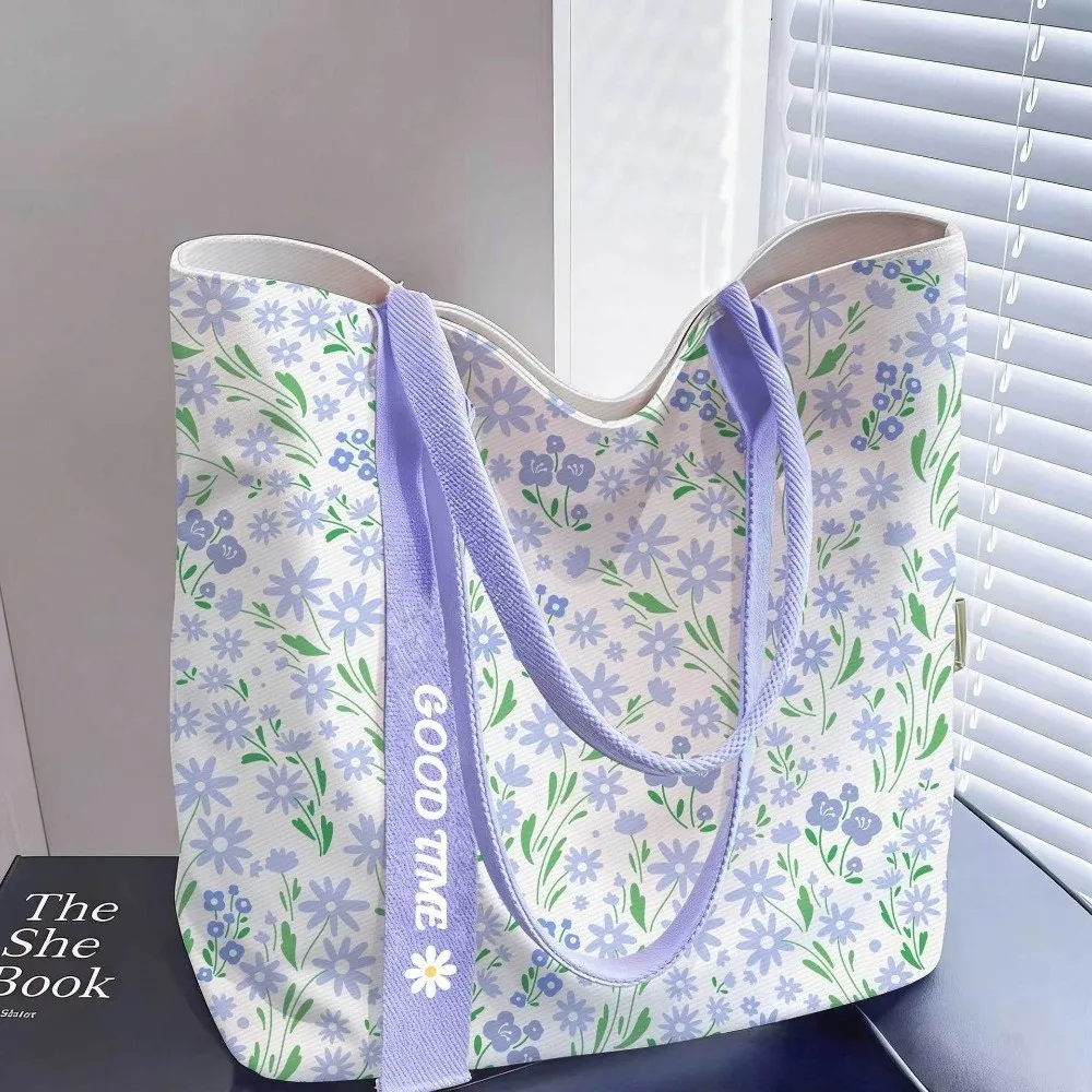 Portable Floral Canvas Tote Bag Large Capacity Reusable Commute Handbag Lightweight Shoulder Bag Daily Commute