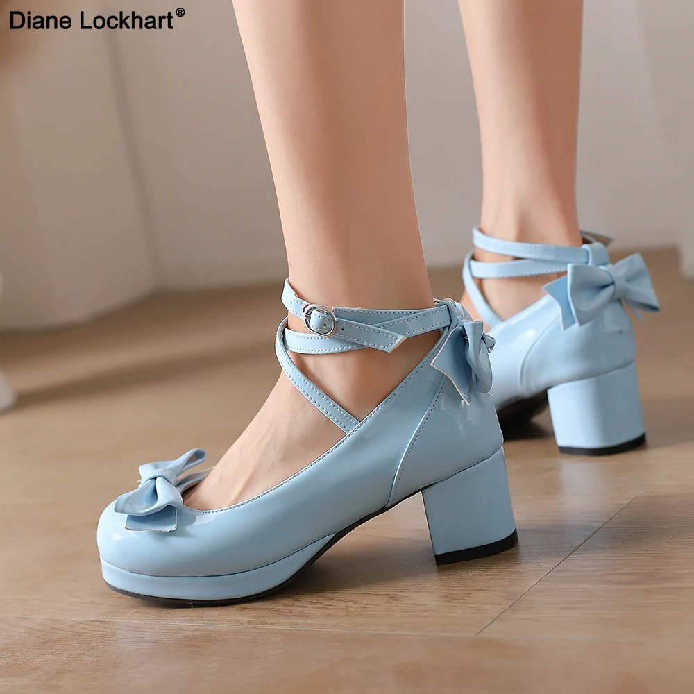 

Blue Pink Lolita Platform High Heels Cross Strap Mary Jane Pumps sweet bow Women Shoes Purple ladies Princess Thick Heel Shoes