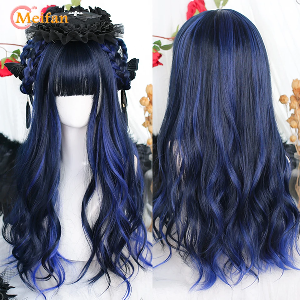 MEIFAN Long Blue Lolita Wigs Wave Curly Woman Hair Cute Cosplay Wig Harajuku Halloween Synthetic Red Pink Green Natural Hair