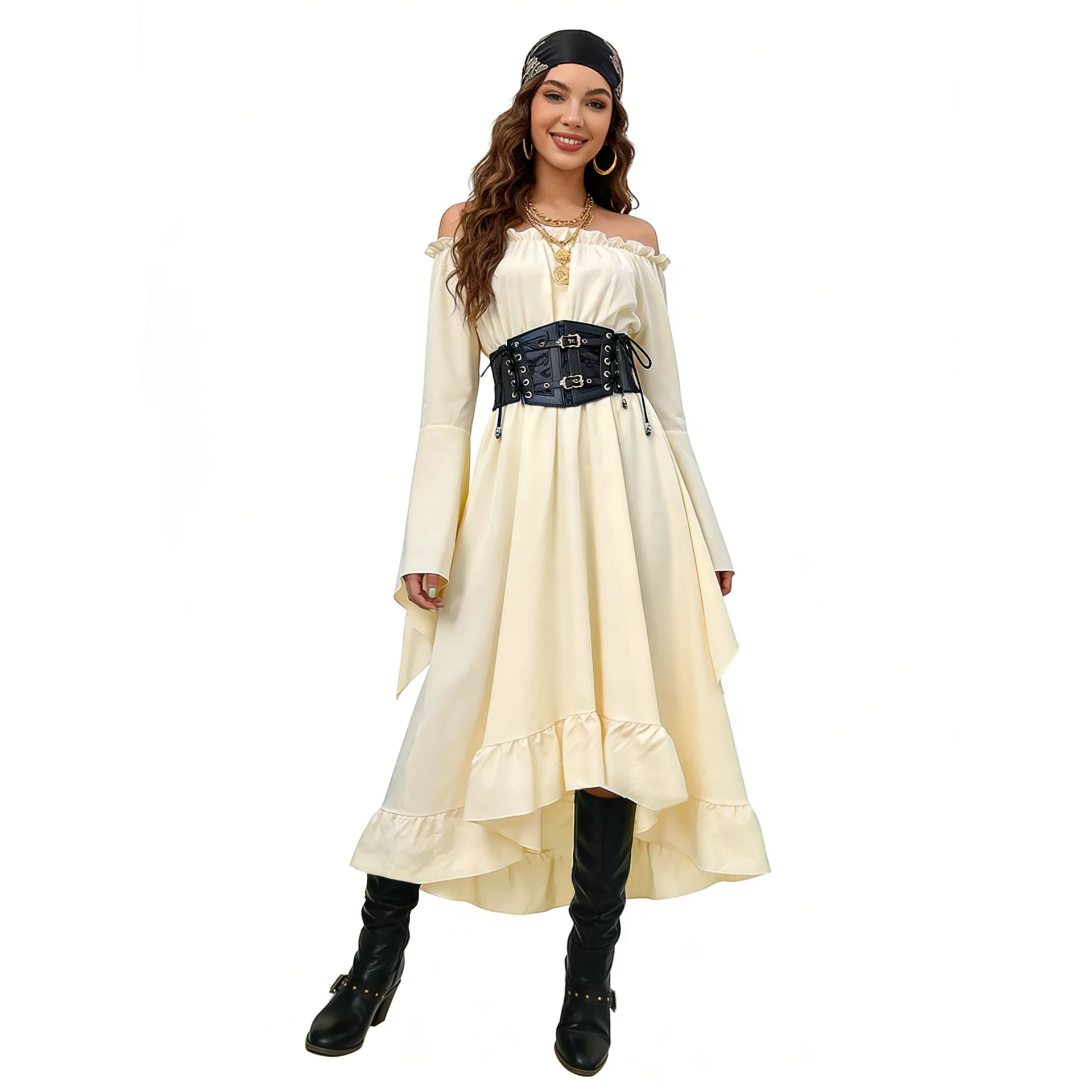 Cosplay with Caribbean Pirate theme, one-shoulder dress, Halloween party women's outfit, stage performance, formal dress