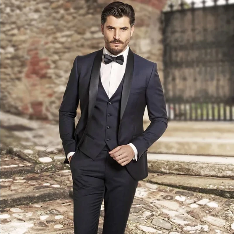 Men Suit 3 Pieses Dark Blue With Lapel For Wedding Birthday Business Casual Work Set Jacket Vest With Pants