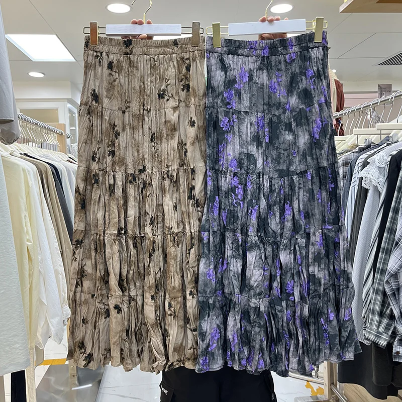 Vintage Purple Gradient Floral Skirt Women, Autumn Multi-layer Patchwork Tie-dye Printed Pleated Flared Long Skirt