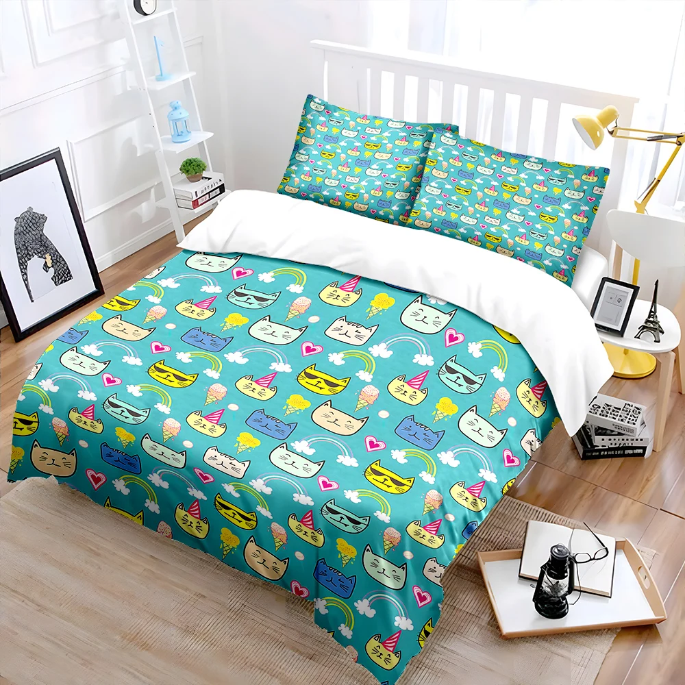 Cartoon cats rainbows ice creams Pattern Duvet Cover Set Digital Print Colorful Polyester Bedding with Zipper Closur kids gifts