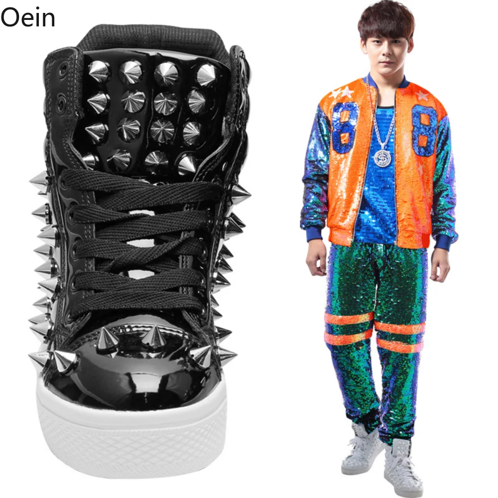 Mens Studed Dance Sneaker Spike Rivet Boot Studs Boys Punk High-Top Shoes Patent Leather Casual Motorcycle Black New 2023