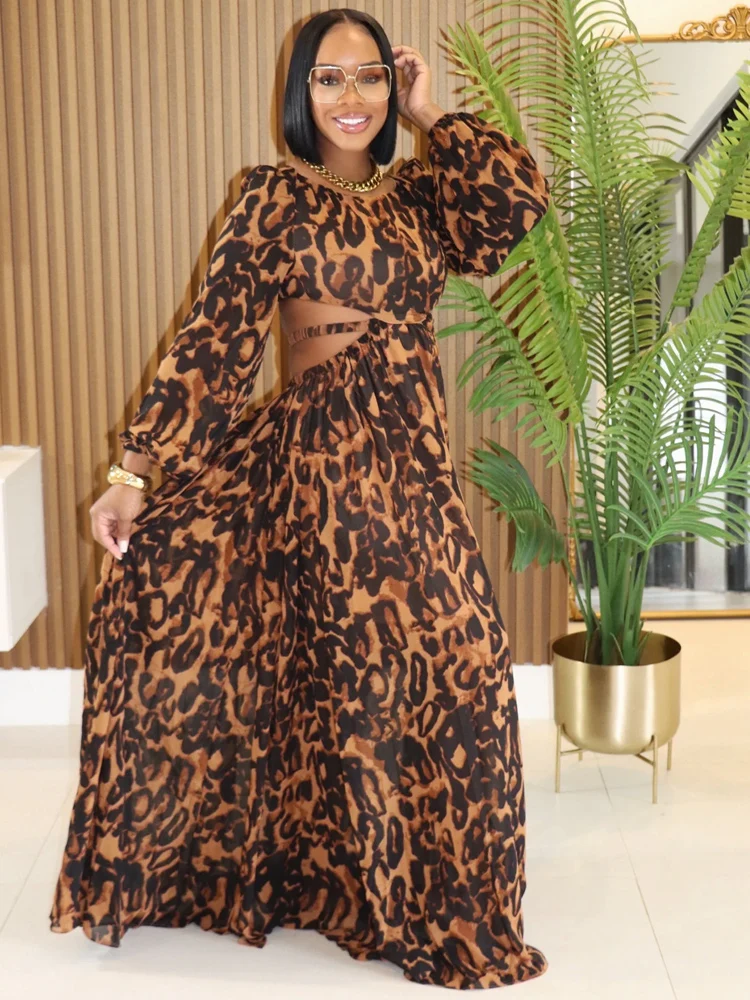 Kricesseen Elegant Leopard Print Mesh Maxi Dress Womens Cutout Waist O-Neck Long Sleeve Flowy A-Line Robe African Dress Clubwear