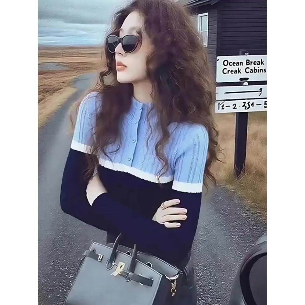 Fashion Blue Patchwork Knitted Top Women Slim Casual Base Bottoming Top Jumper Pullover