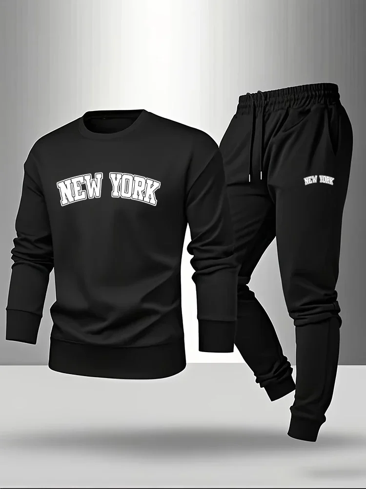 

2026 Hot Sale Men's Set Long Sleeve T-shirt and Black Trousers Spring Autumn Daily Casual Fashion Pullover Outfit O-neck Hoodies