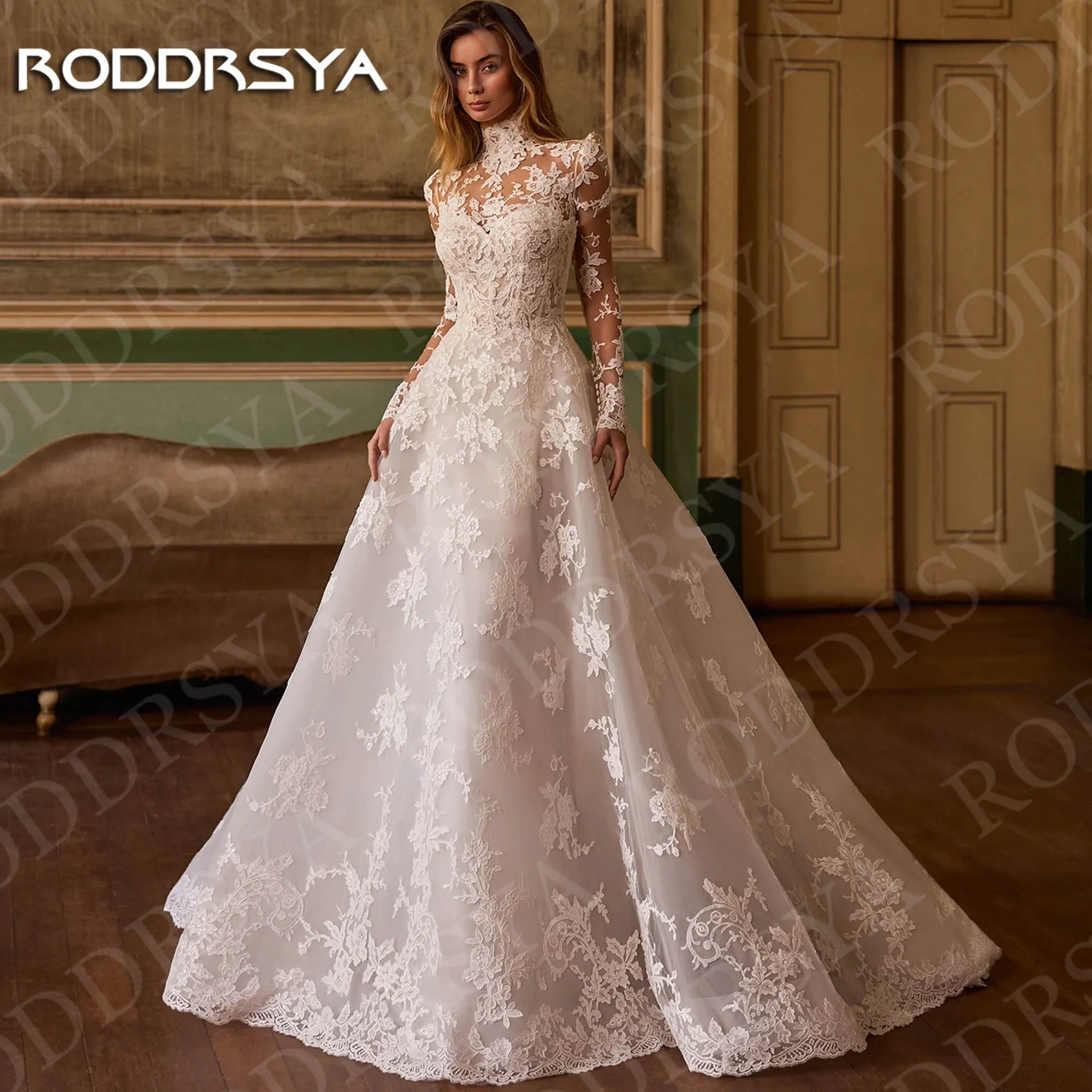 

RODDRSYA Luxury High Neck Wedding Dresses Woman A Line Elegant Lace Long Sleeves Bridal Dress Appliques Customized robes mariée