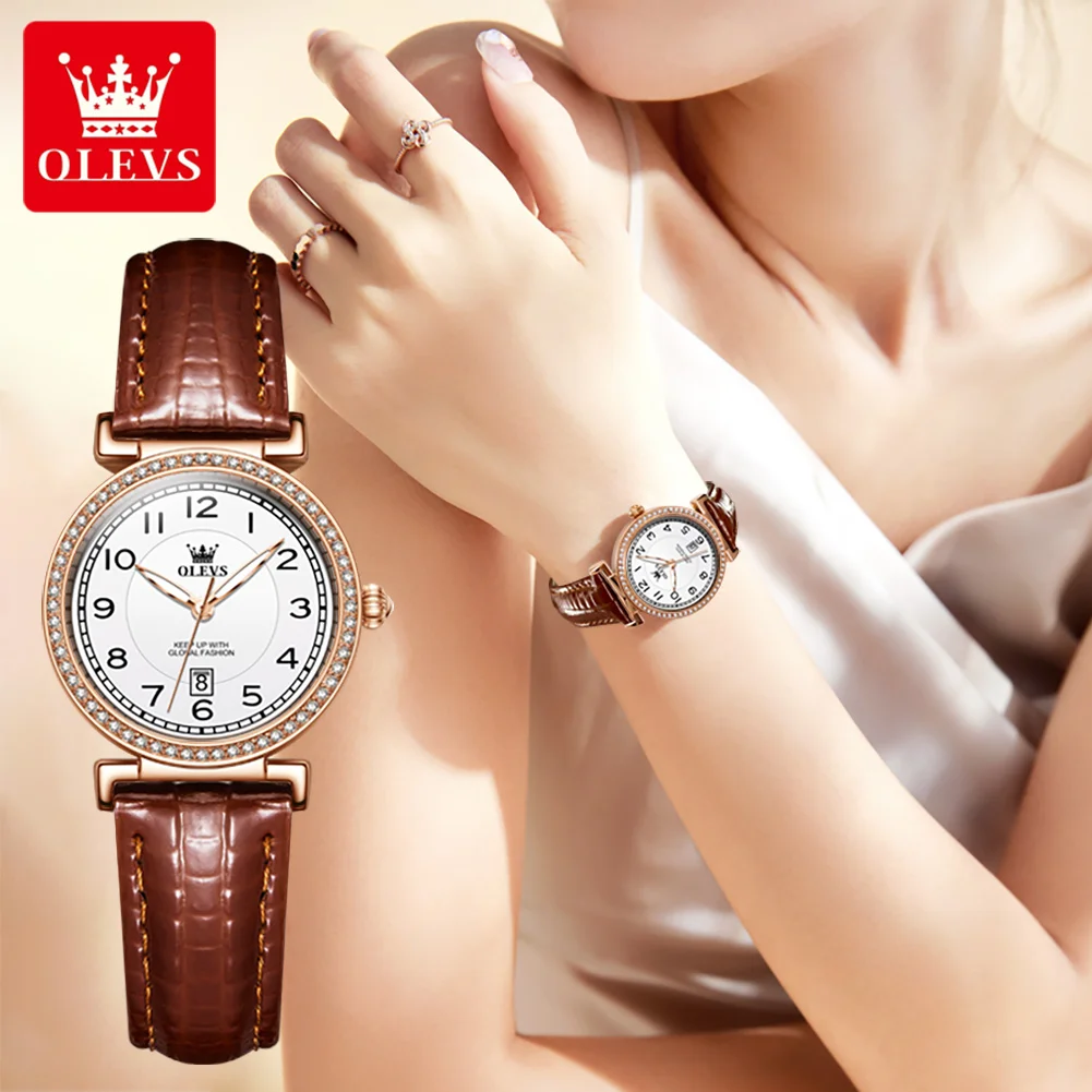 OLEVS Women's Watches Elegant Fashion Small Balloon Dial Origina Quartz Watch for Ladies Comfortable Leather Strap Date Luminous