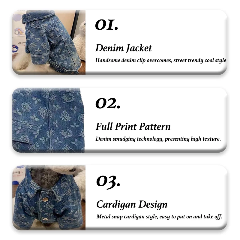 طباعة ملابس الدنيم للكلاب الصغيرة والمتوسطة لينة البوليستر للجنسين القط وزرة المفاجئة زر معاطف الخريف الحيوانات الأليفة تشيهواهوا الملابس