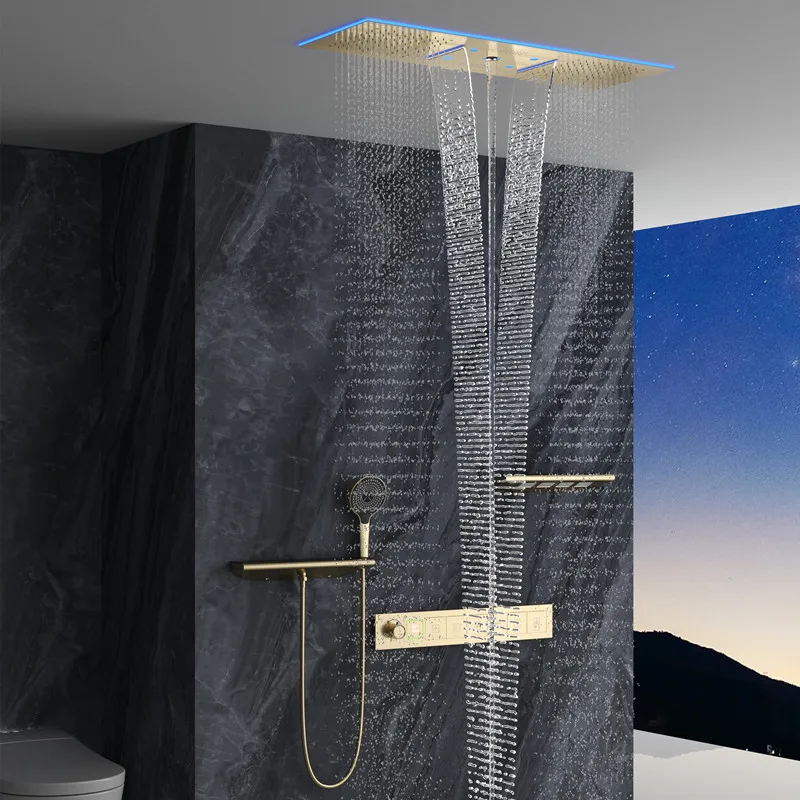 Multi Function Brushed Brass Concealed Shower System with Ceramic Valve Core 6 Ways Thermostatic Rainfall Jet Massage Shower Set