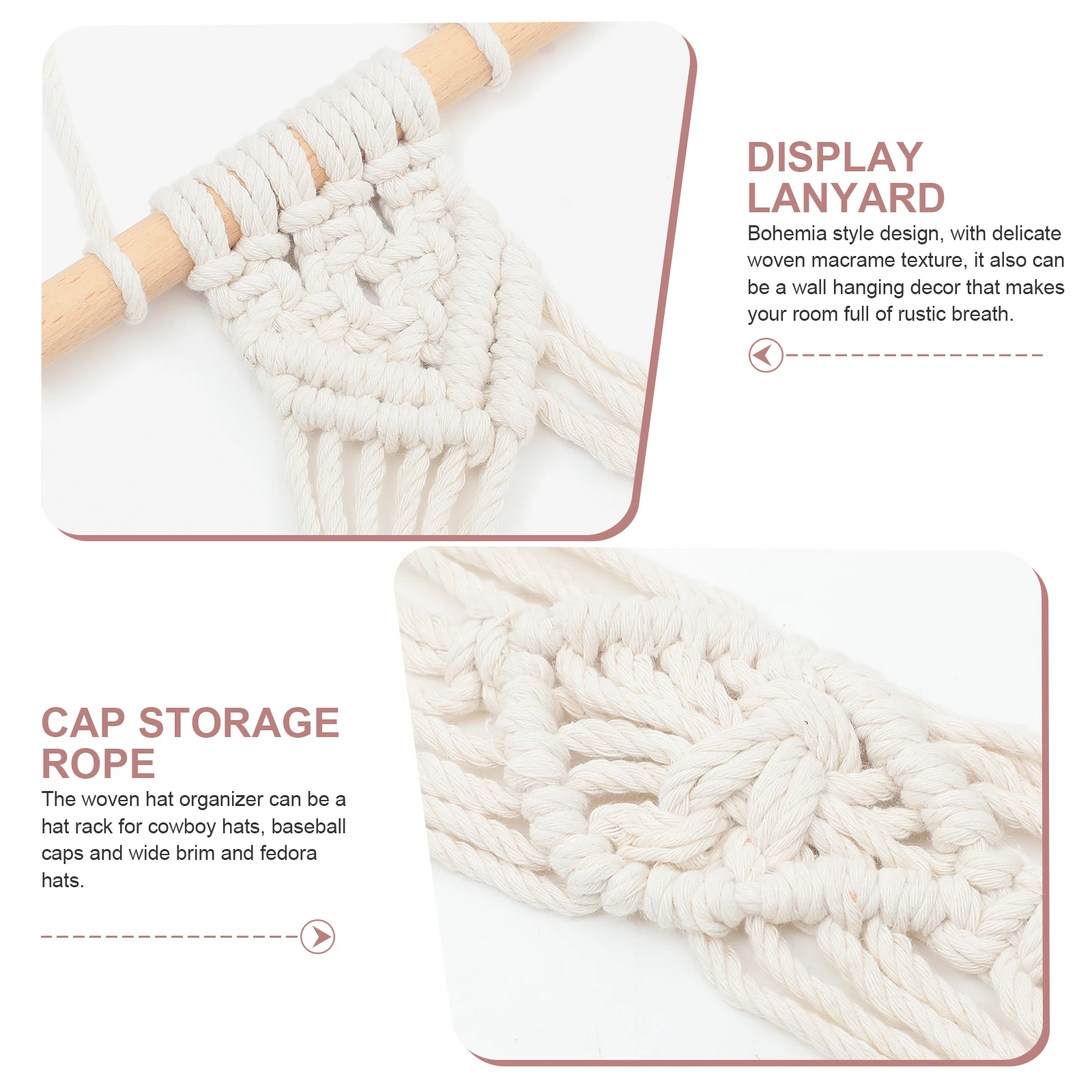 

Bohemian Wall Tapestry Decorative Hanging Hat Organizer White Cotton Rope 3 Layers Wide Brim Hat Rack Handmade Woven Macrame
