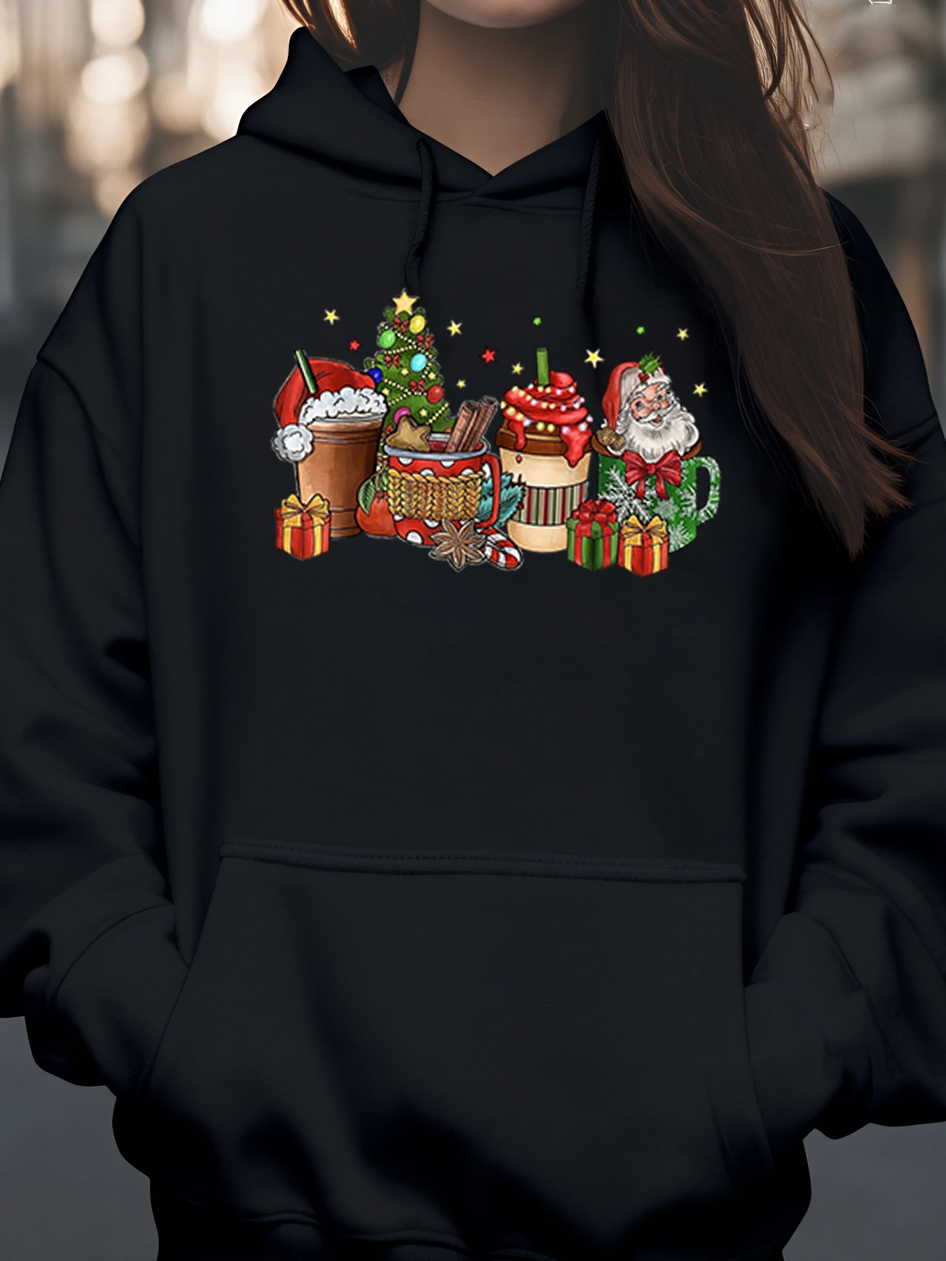 

Рождественская елка Санта-Клаус Кекс Подарочная коробка Толстовка с принтом Праздничная вечеринка Женская повседневная одежда