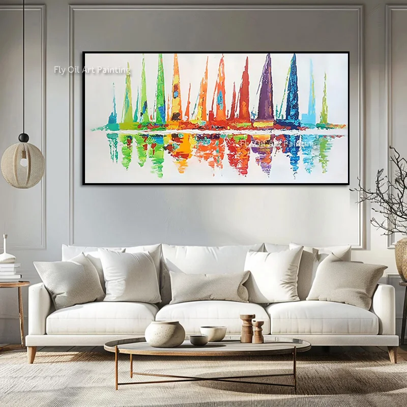 قوارب الشراع الملونة على البحر سكيب النفط اللوحة رسمت باليد كبيرة الأزرق المحيط عرض القوارب البيضاء الصفراء قماش جدار ديكور فني #6