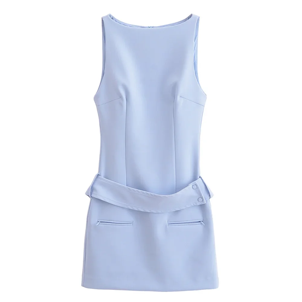 2024 Summer New Women's Fashion Style Tight Round Neck Sleeveless Belt Short Dress