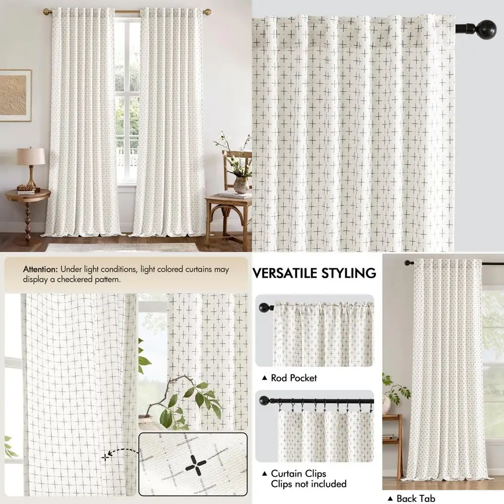 

Льняные шторы с геометрическим узором, стиль фермерского дома, длина 96, комплект из 2 панелей, чистый белый цвет