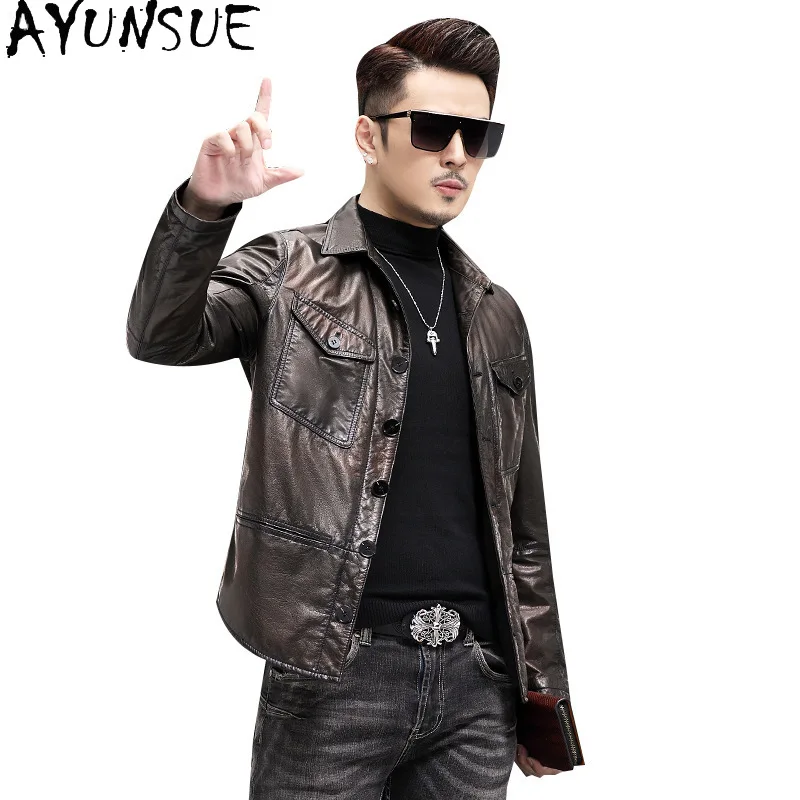AYUNSUE 100% Cowhide Real Leather Jacket for Men 2025 Spring Autumn Coat Mens Clothes Trendy Motocycle Coats Jaqueta De Couro
