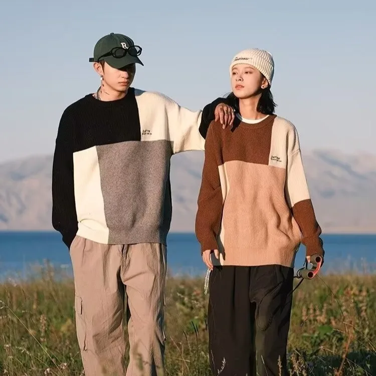 

Loose Fit Men's Knitted Sweater round Ne Casual Sle Autumn Winter Large Size 250 Pou Japanese Retro Asymmetrical Sweater