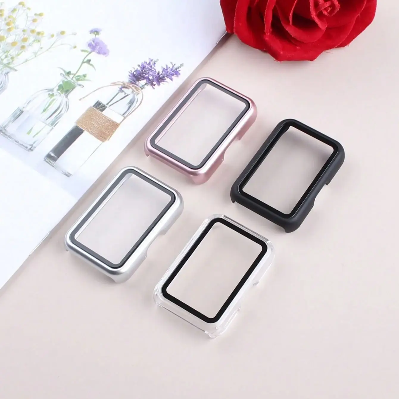 Matte Watch Case for Samsung Galaxy Fit3, Tempered Glass Screen Smartwatch Protector Hard PC Bumper+Glass for Galaxy Fit3 Watch