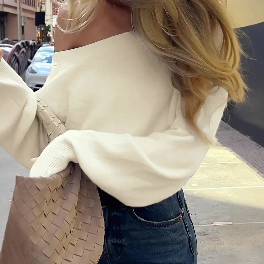 HOUZHOU Women Long‑Sleeve Fitted Waist Sweater Winter Off‑shoulder Pullovers Slim Sweater Female Casual Solid Color Knitwear Top