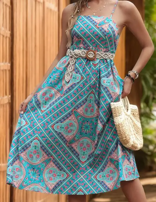 

2025 New A-Line Skirt Summer Women's Clothing Ethnic Style Printed Suspender Dress