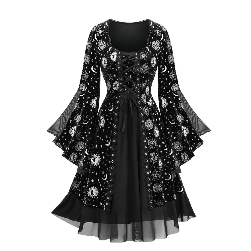 

Gothic Sun Moon Star Printed Dress With Flare Sleeves Lace up Layered A-Line Style For Women Autumn Square Collar Dresses