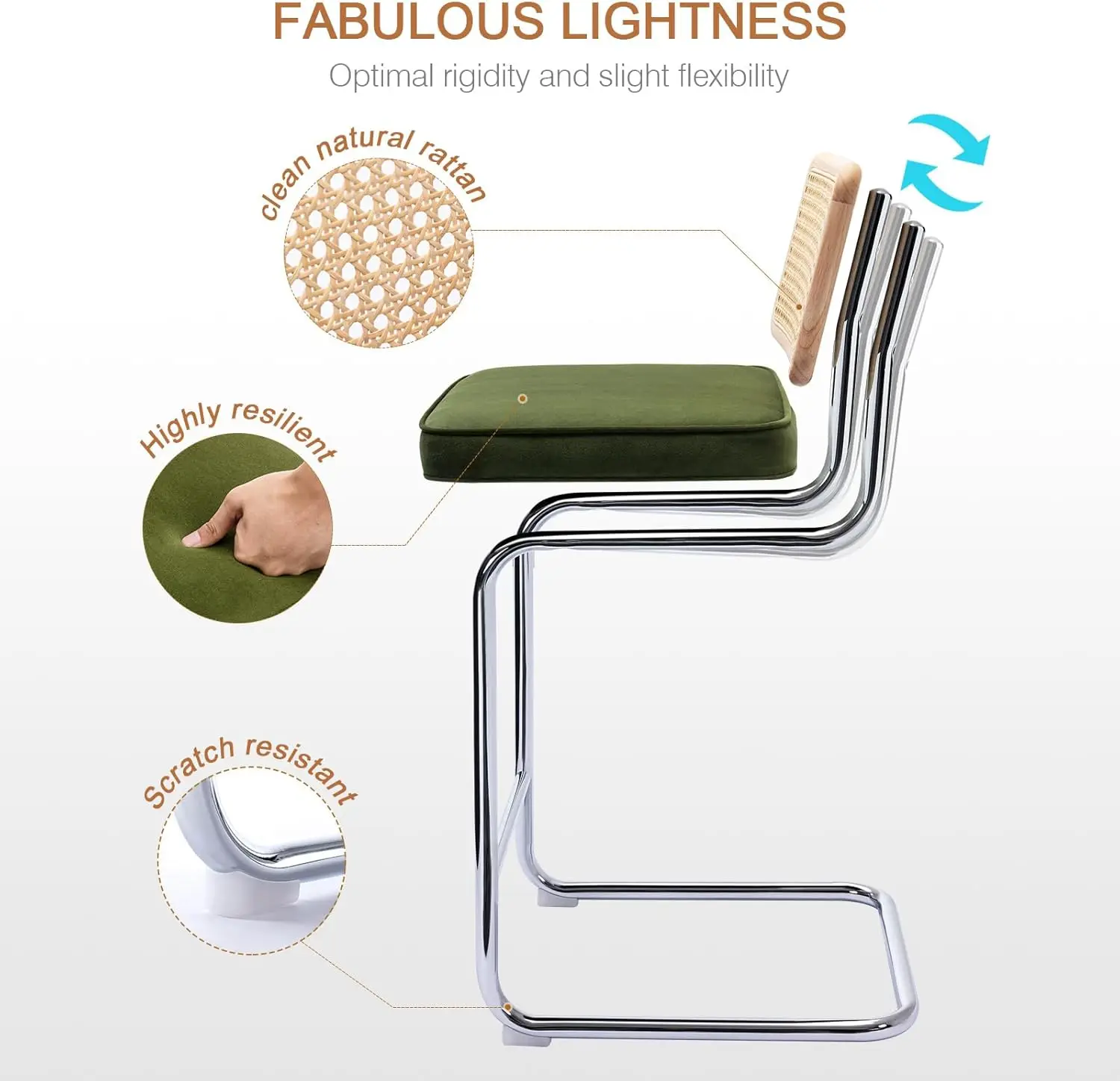 Natural Rattan Bar Stools Set of 2, 26'' Modern Boho Counter Stools, Velvet Counter Height Chairs with Solid Wood Back