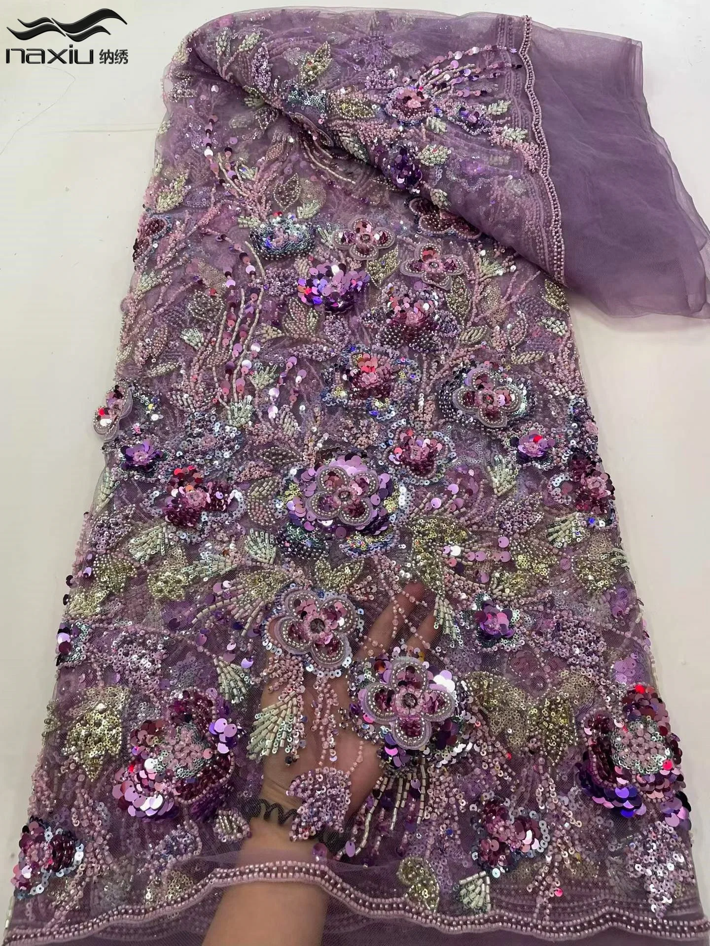 Madison High-End Luxury Elegant Handmade 5 Yards Embroidery Lace Fabric Nigerian French Sequins Beaded Lace For Wedding Dress