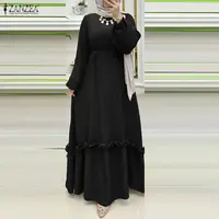 ZANZEA modeste Hijabs Abaya Robes longues femmes musulmanes Ramadan col rond plissé lanterne manches couleur unie volants a-ligne Robes 3XL 5