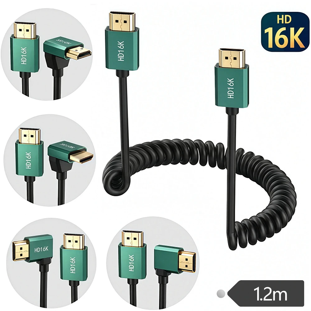 16K HDMI Coiled Spring Cable HDMI Male to Micro Mini HDMI Male Gold Plated for Camera Monitor Capture Card 1.2m