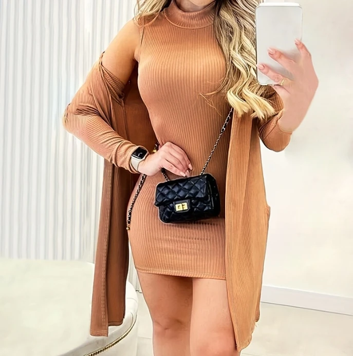 

New Fashion 2024 Casual Sexy Dresses for Women Elegant Womens Two Piece Sets Outfit Solid Color Sleeveless Dress+Cardigan Set