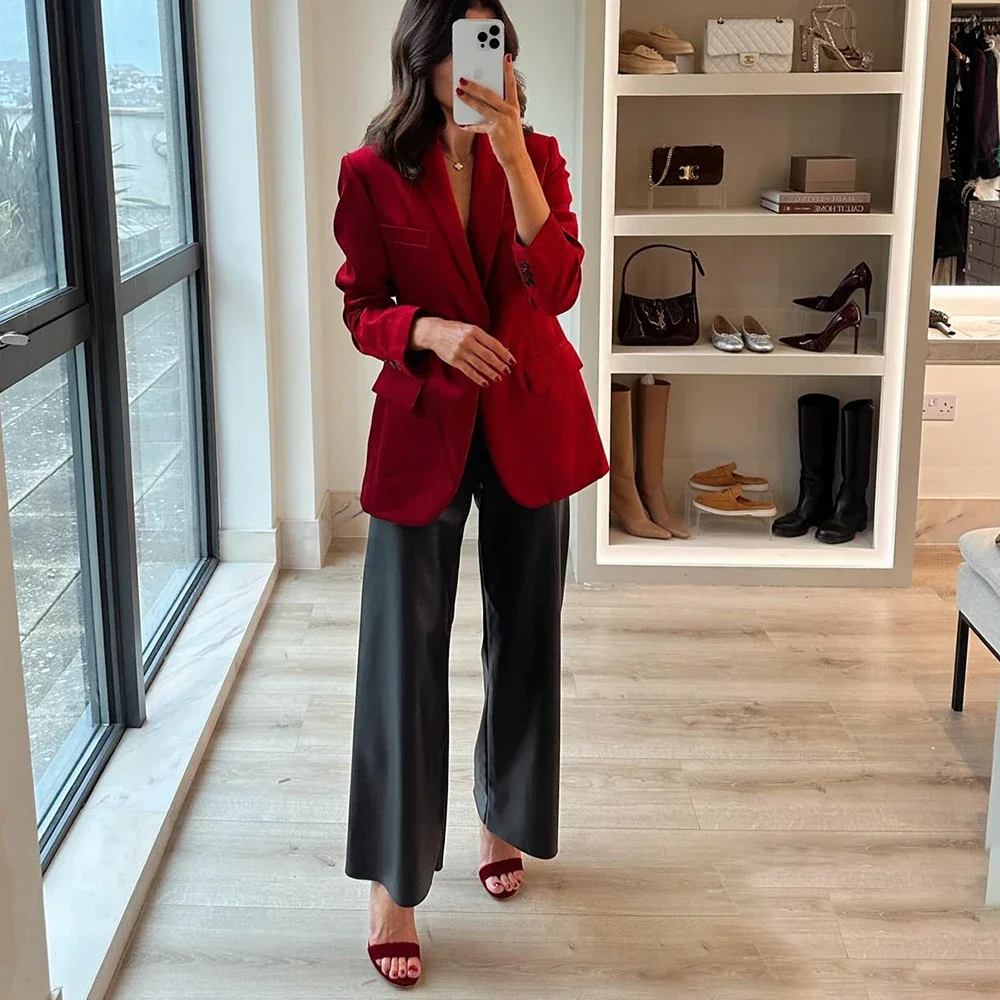 Vintage Chic Red Velvet Oversized Blazers Women Long Sleeve V Neck Pockets Jackets Fashion 2024 Office Lady Outwears