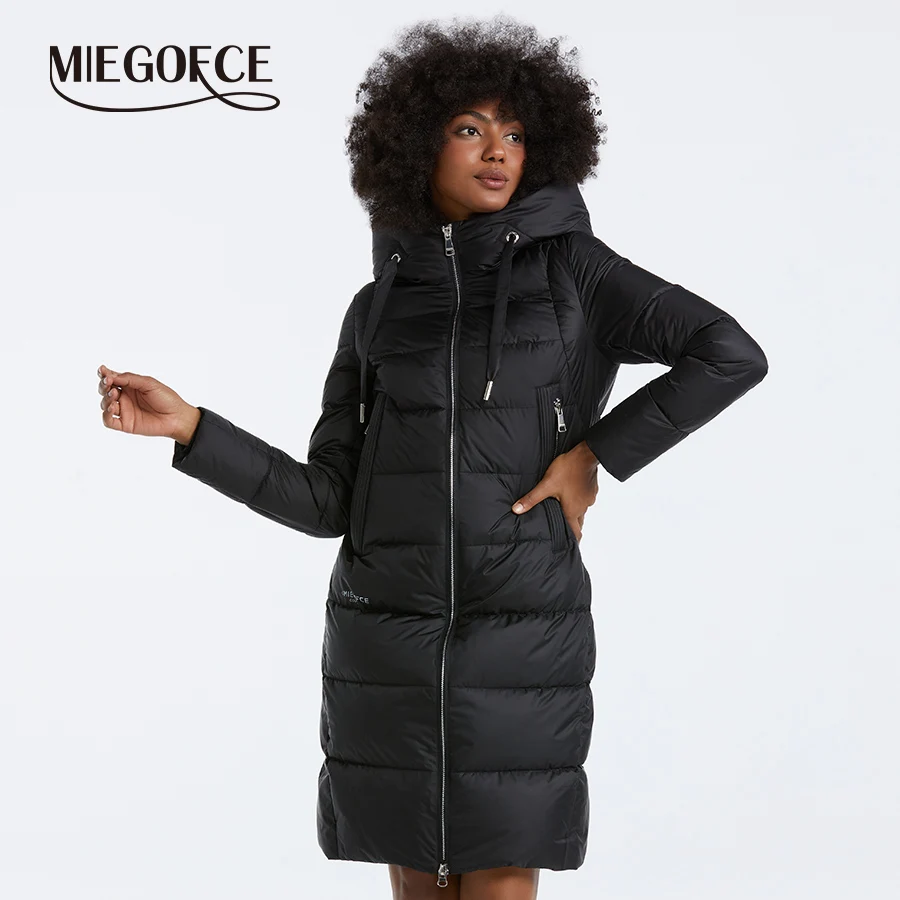 MIEGOFCE 2024 New Winter Elegant Women Long Cotton Jacket Hooded Warm Windproof Female Coat Zipper Stand Collar Parka D20680