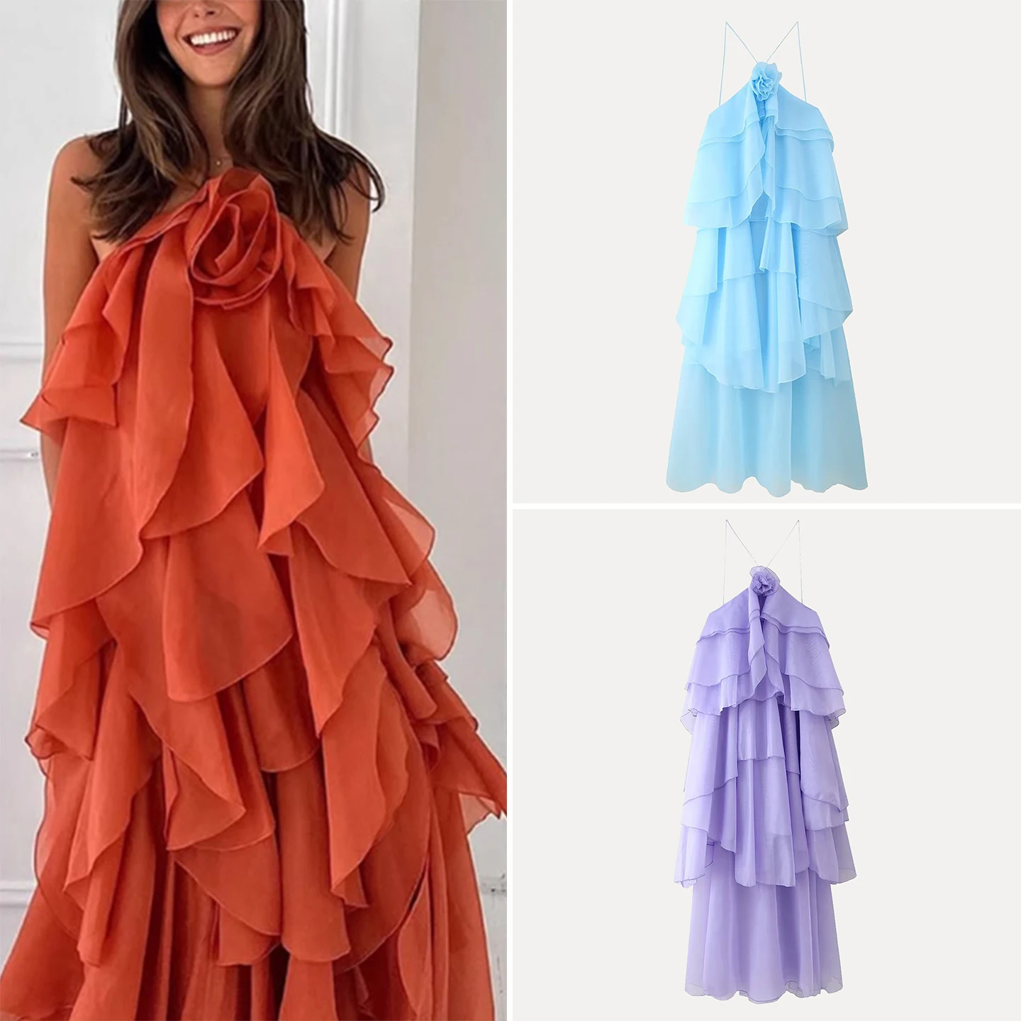 

Spring 2025 New Women's Faion Dr Floral Overlap Decorative 3D Sli Streetwear Single Piece Svel Polyester
