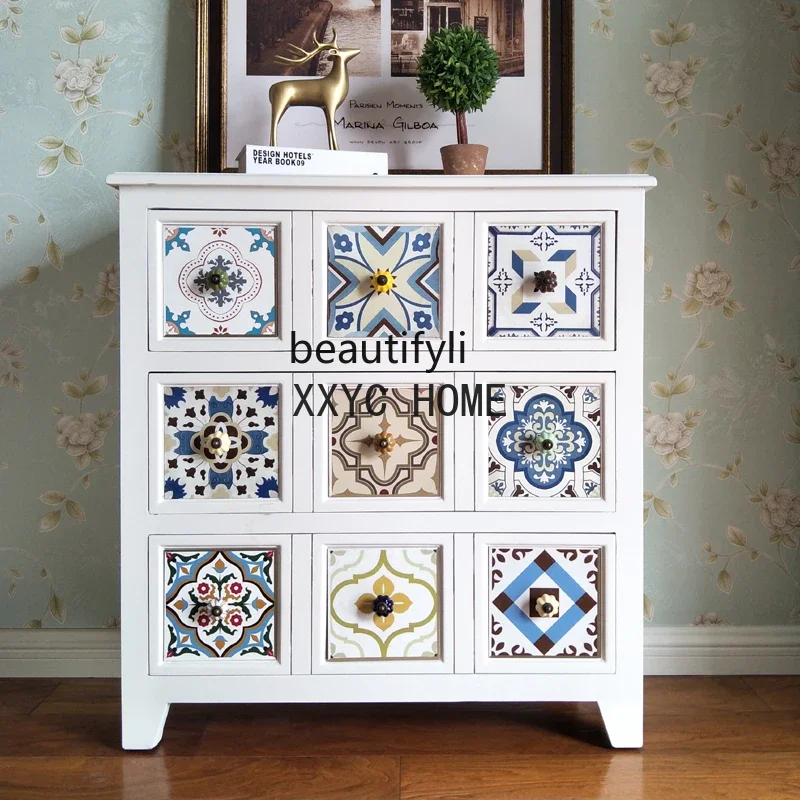 

Mediterranean Painted Vintage Chest of Drawers Solid Wood American Country Style and Simple Storage Bedroom