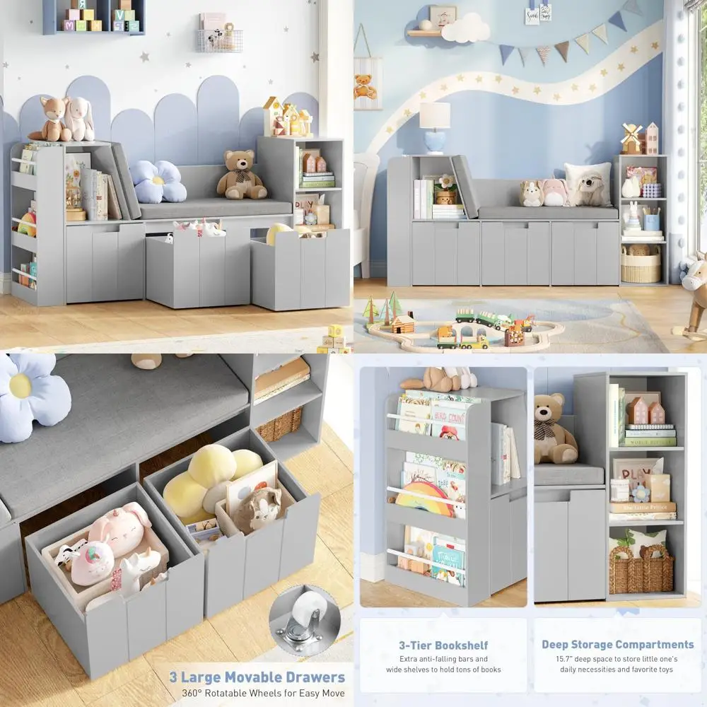 61.5 زاوية قراءة للأطفال مع رف كتب مكون من 3 طبقات، زاوية قراءة للأطفال مع مقعد مزدوج وأدراج دوارة، ورف كتب وشارع ألعاب