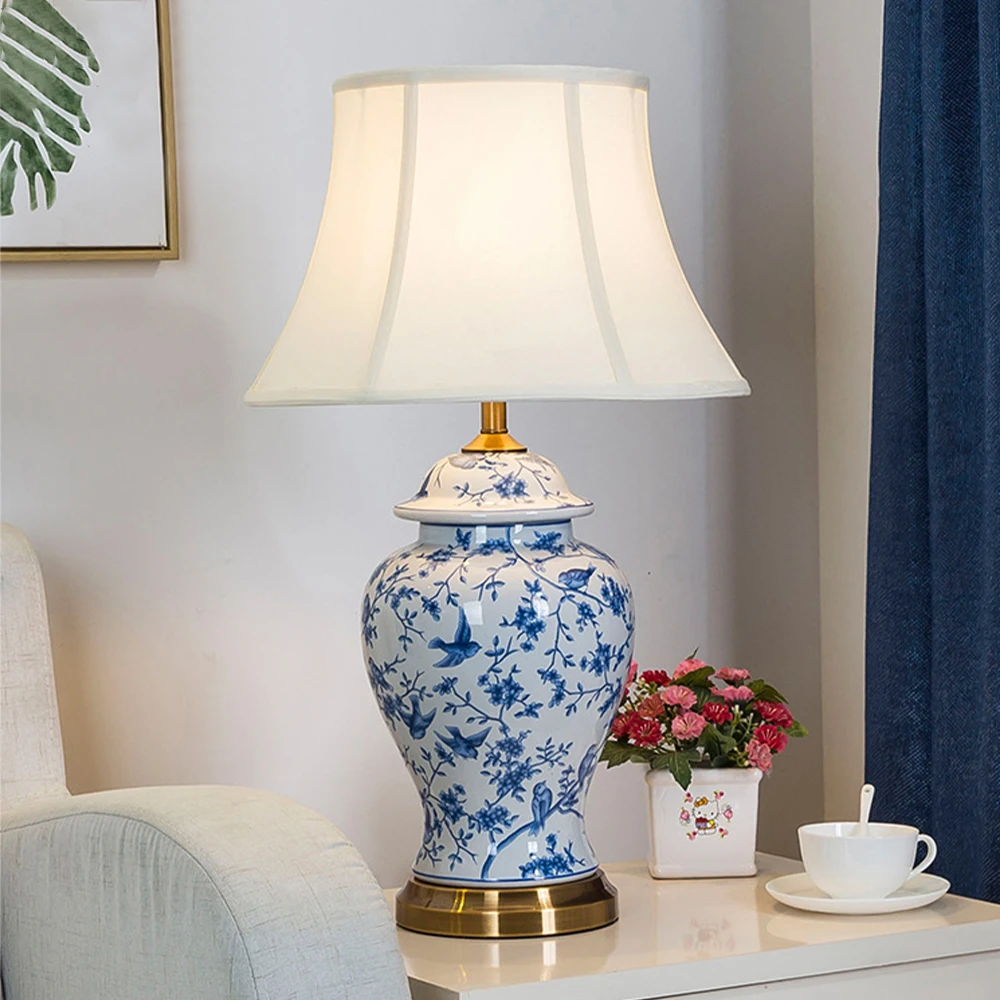 

New Chinese Brass Ceramic E27 Desk Light Fabric Lampshade LED Vase Table Lamp Villa Living Room Bedroom Decoration Night Light