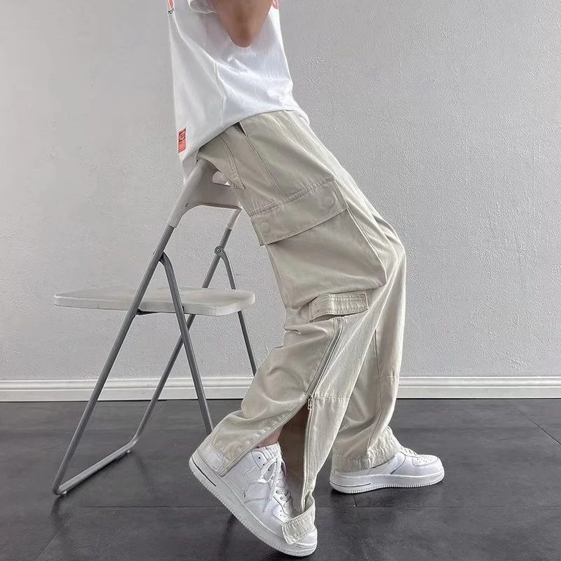 Черные мешковатые мужские прямые брюки-карго на молнии с несколькими карманами, высокое качество, корейский стиль Y2k, винтажные эмо-модные свободные мужские брюки
