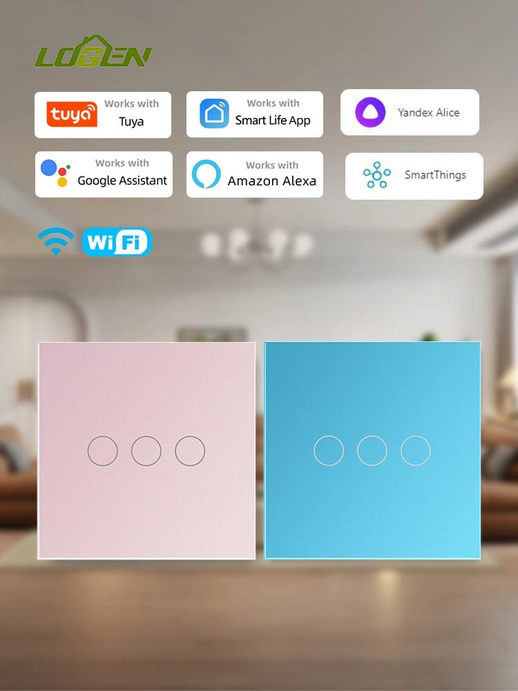 LOGEN Tuya WiFi Smart Pink and Blue Switch EU Need Neutral Wire 1/2/3 Gang Light Touch Switch Work with Alexa Google Home Alice