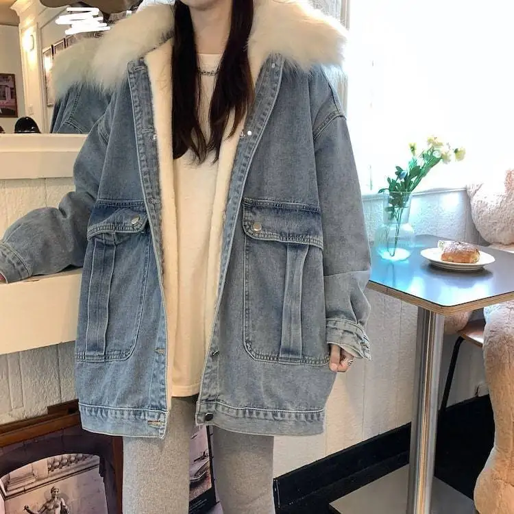 

Denim Coats For Woman Lapel Long Pink Sleeve Jackets Female Fur Plush Womens Winter Patchwork Snap Button Wide Outcoats Trend OL