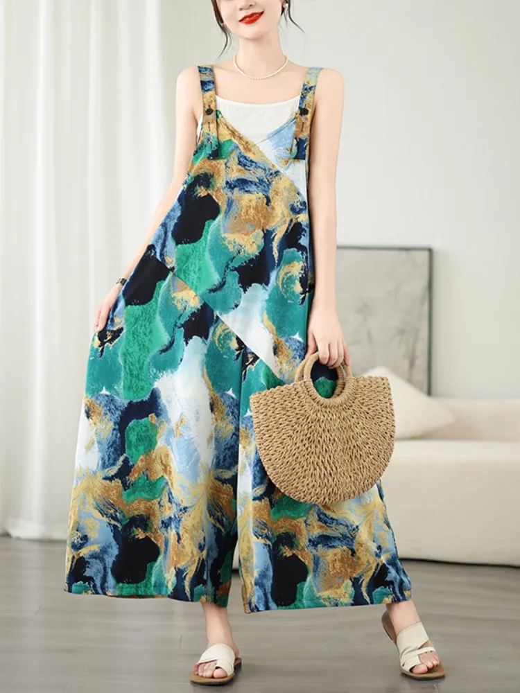 Retro Gradient Print Halter Dress Pants Women's Summer plus Size Loose Casual Slimming Age-Defying Jumpsuit Pants